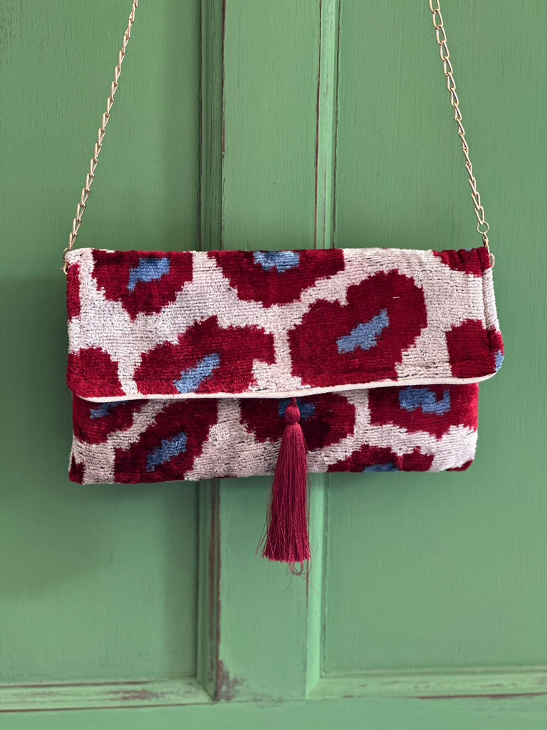 Red Leopard Ikat velvet clutch bag