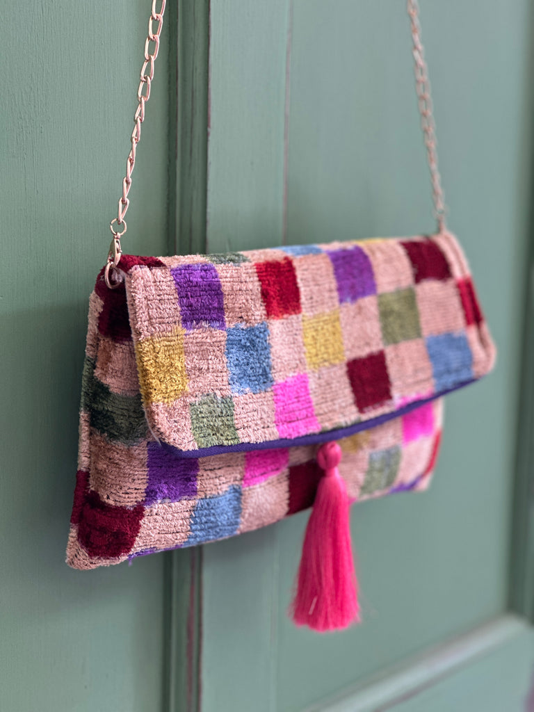 Multi Chequerboard Ikat velvet clutch bag