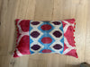 Red/Blue Silk Velvet Ikat Cushion, with Pom Pom