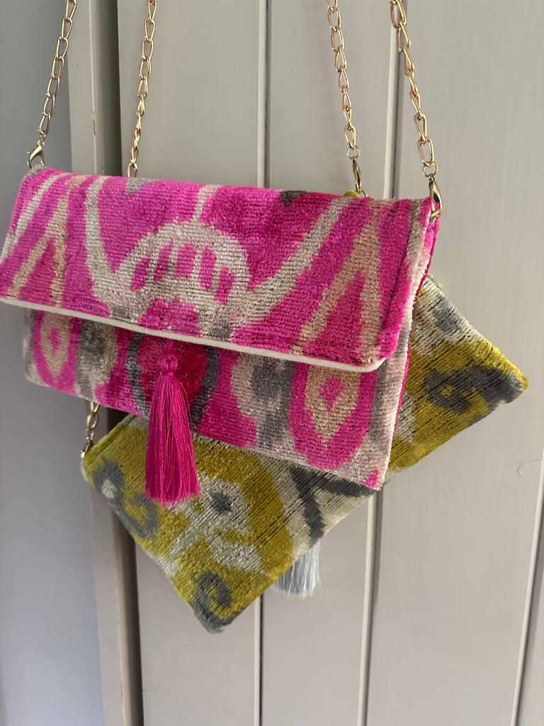 Pink Ikat velvet clutch bag