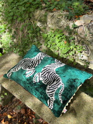 Emerald Velvet Zebra Velvet ikat Cushion with Ric Rac
