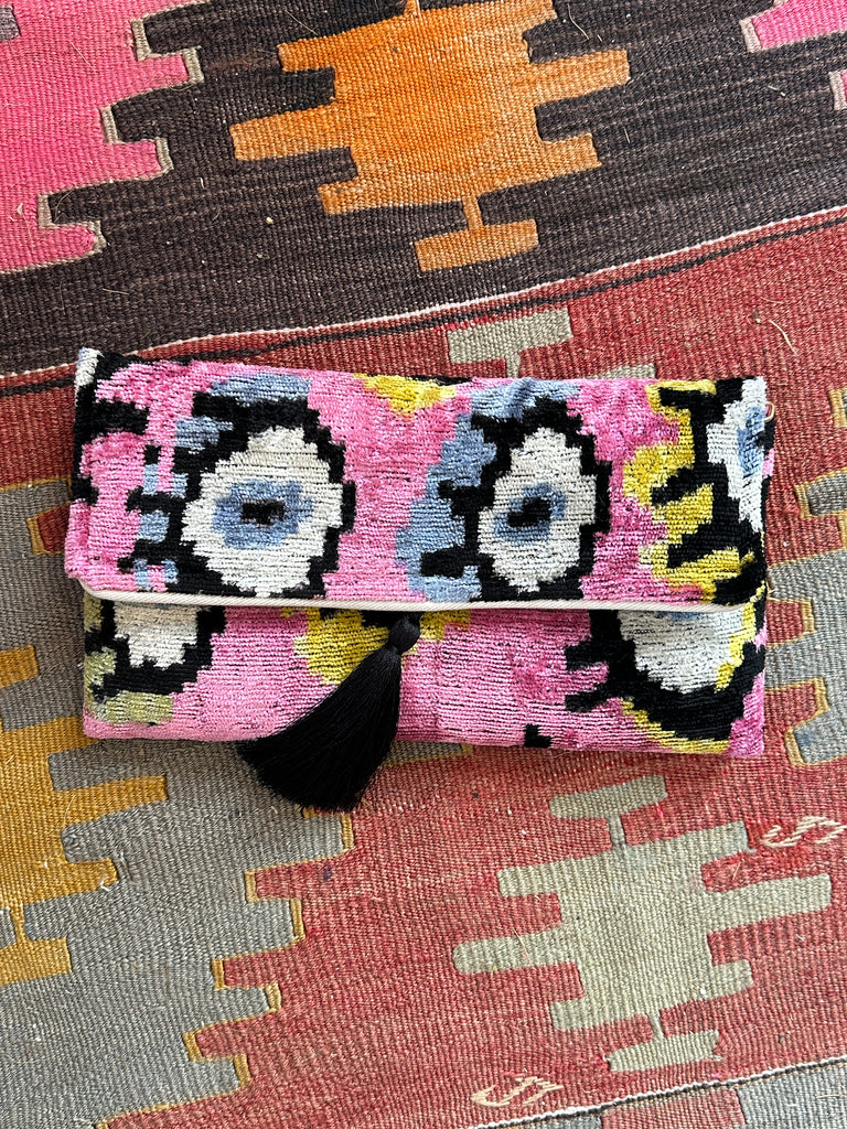 Pink Evil Eye Ikat velvet clutch bag
