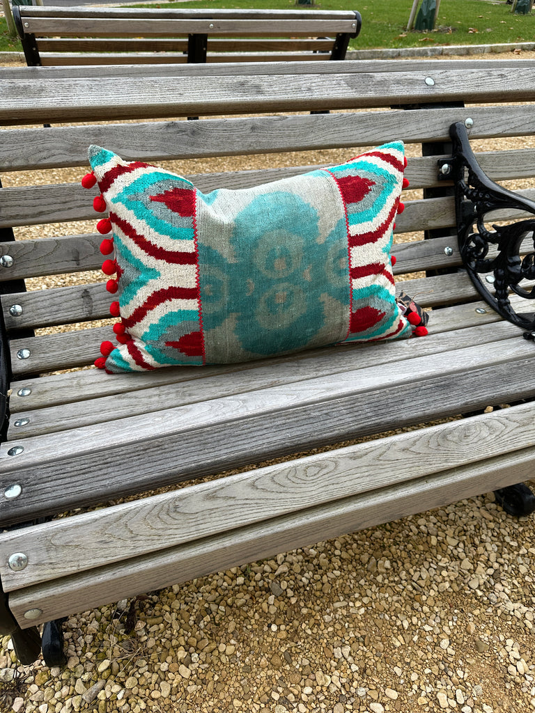 Turquoise & Red Velvet & Silk Ikat Cushion, with Pom Pom
