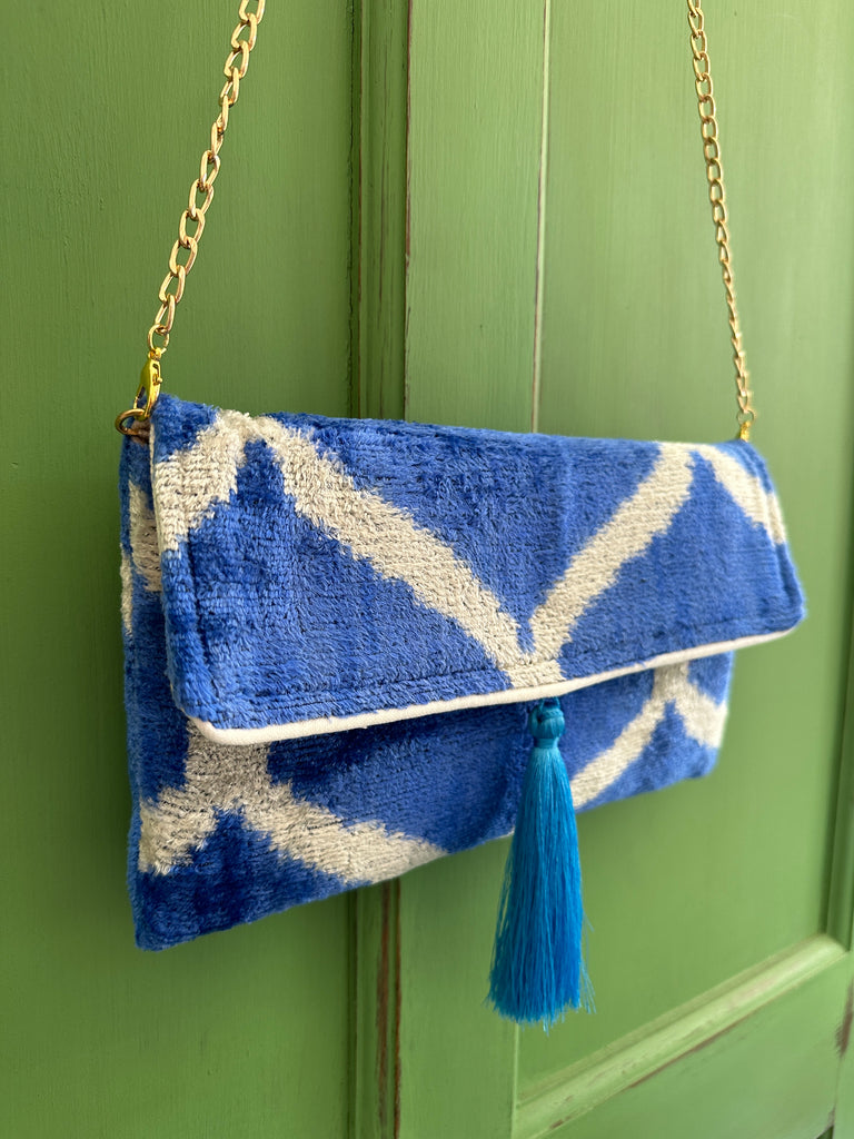 Brightest Blue Ikat velvet clutch bag