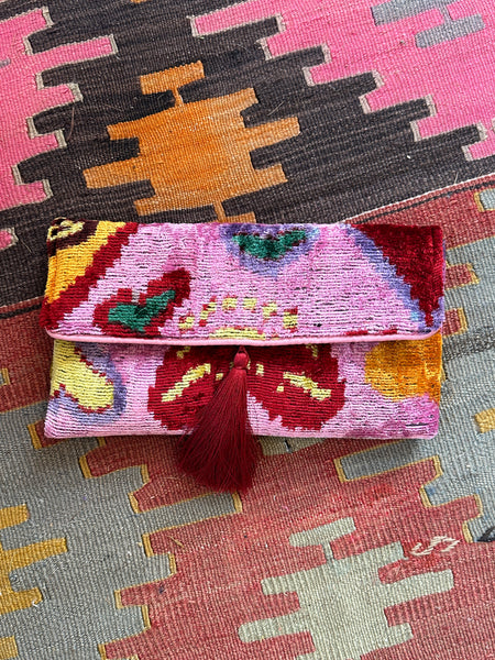 Pink Heart Ikat velvet clutch bag