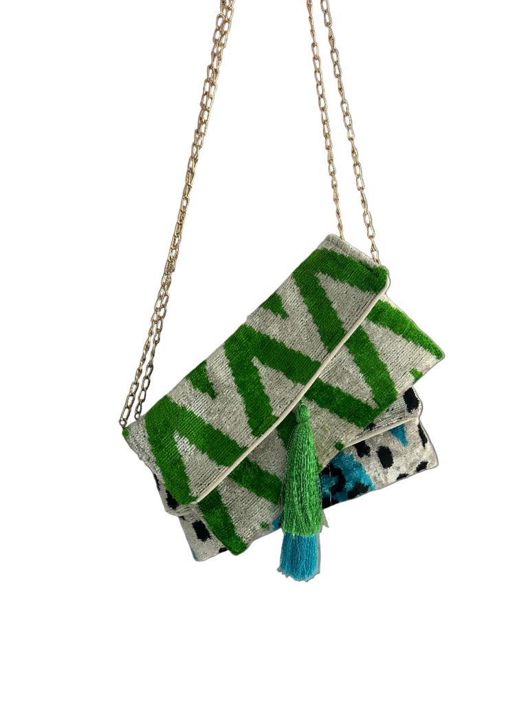 Emerald Green Ikat velvet clutch bag
