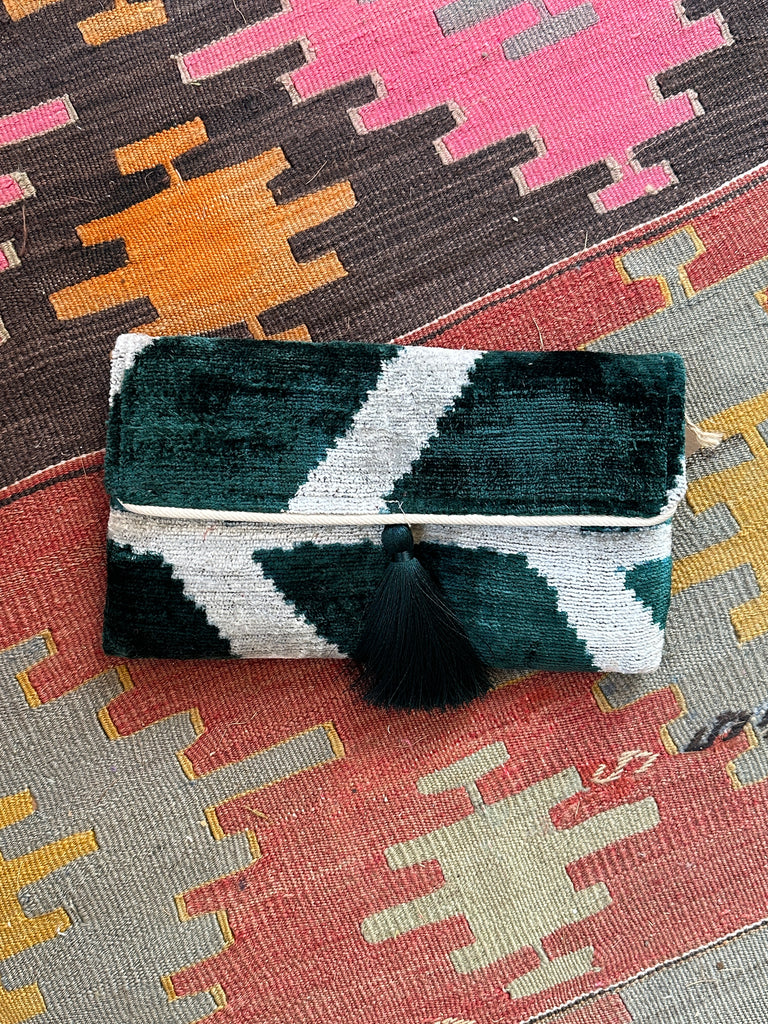 Smart Dark Green Ikat velvet clutch bag