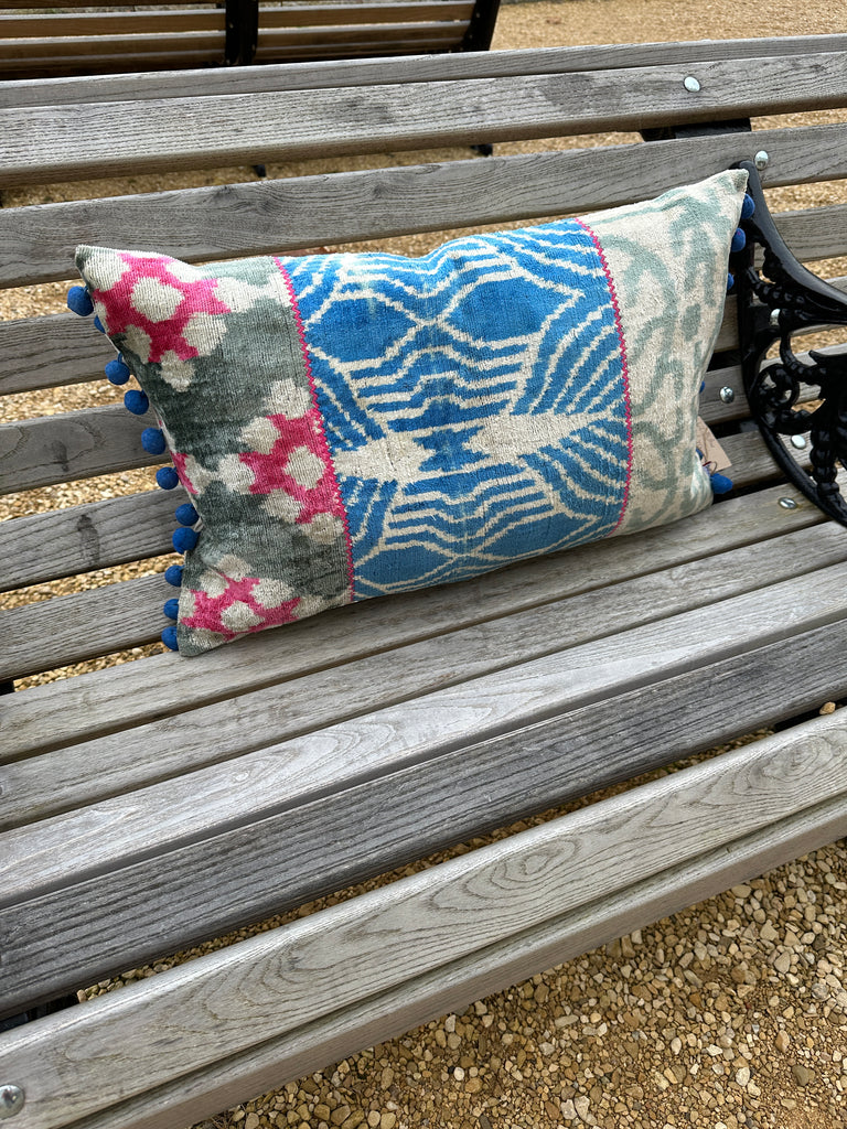 Pink and Blue panelled Ikat velvet cushion