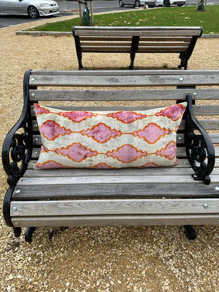 Khaki and Coral Zigzag Velvet ikat Cushion