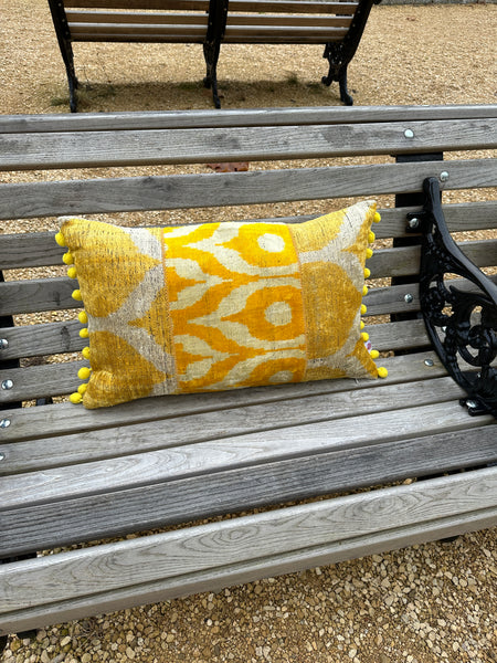 Sunny Yellow Panelled Velvet Pom Pom cushion.