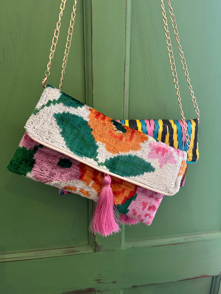 Floral Ikat velvet clutch bag