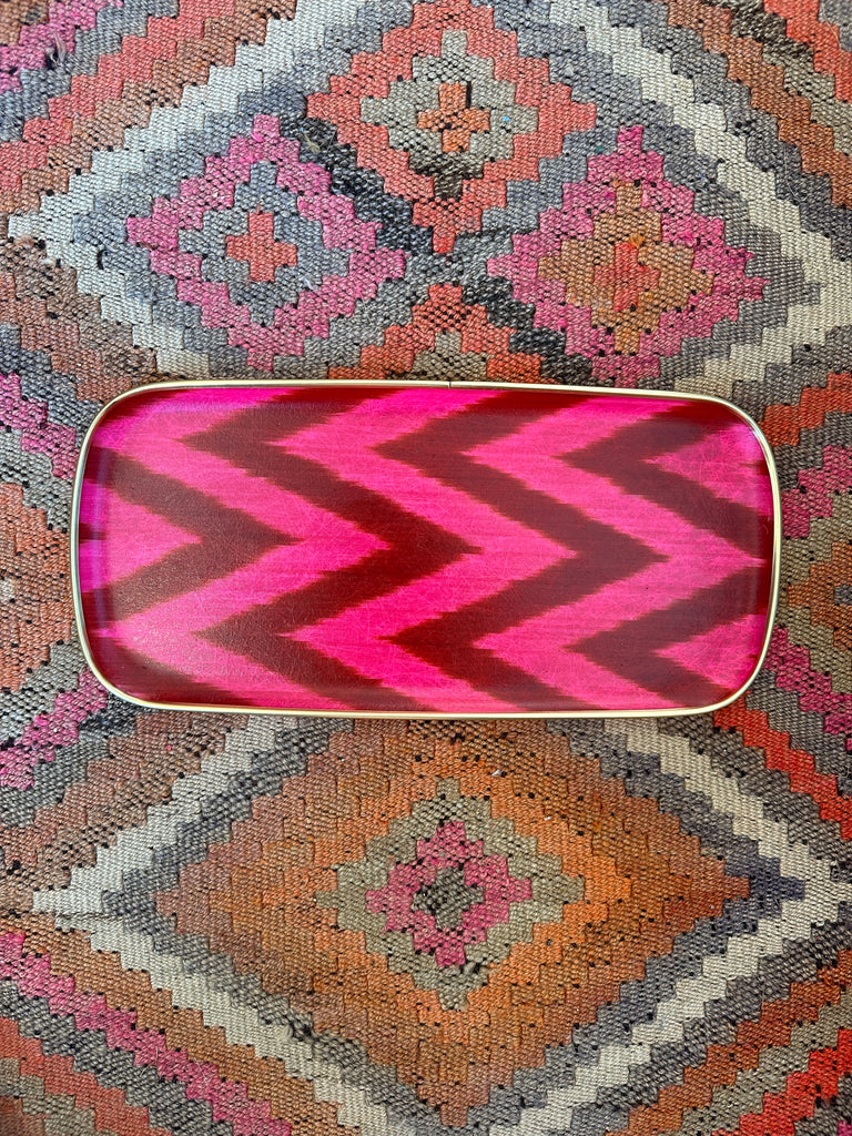 Pink and orange  rectangular silk ikat fibreglass tray