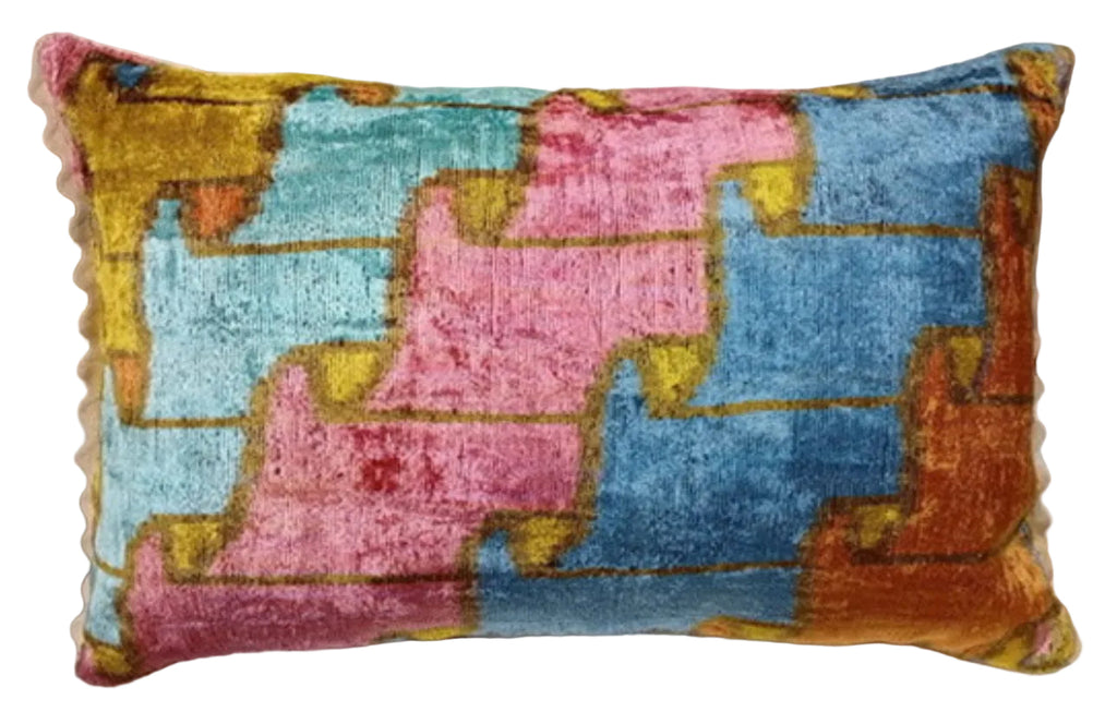 ‘Ribbon’ Velvet ikat Cushion with Ric Rac
