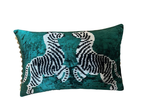 Emerald Velvet Zebra Velvet ikat Cushion with Ric Rac