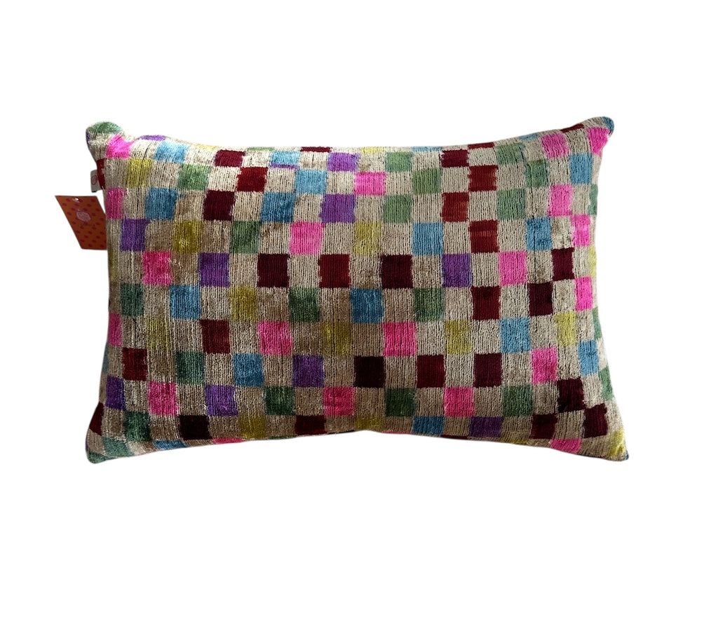 Colourful Checkerboard Velvet ikat Cushion