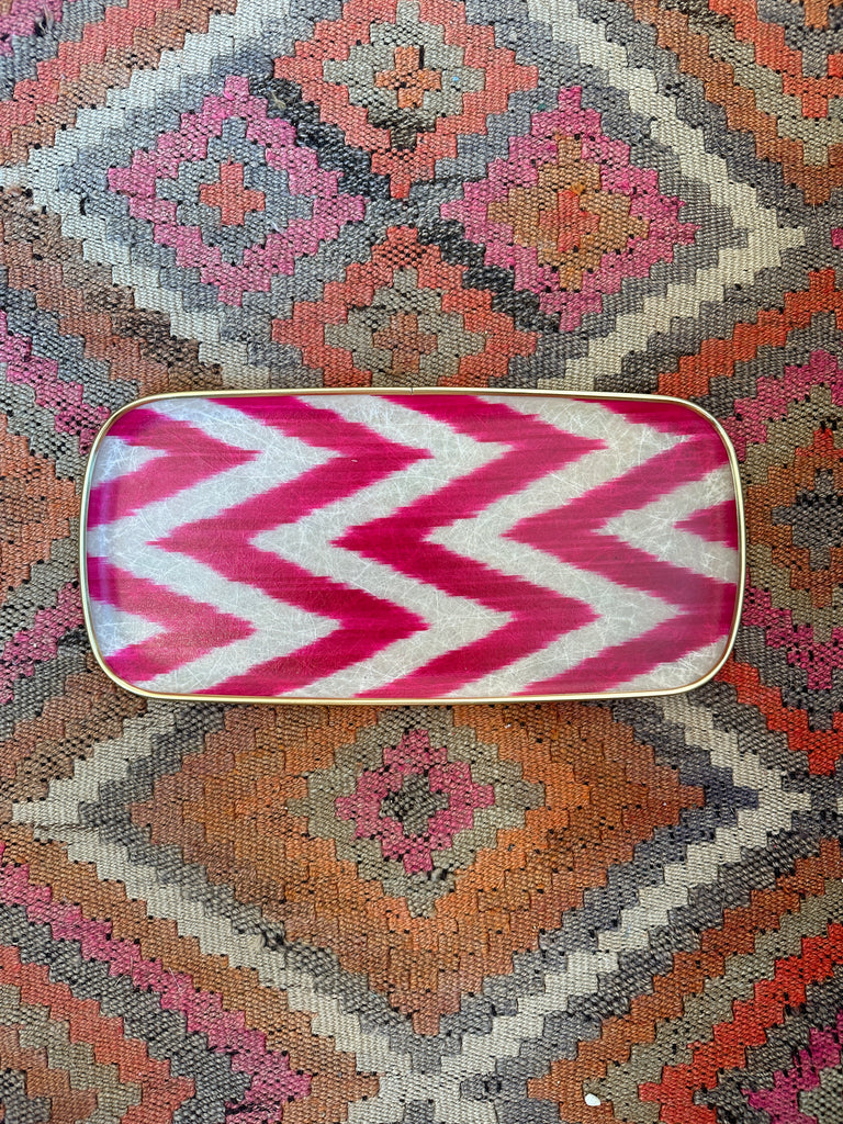 Pink zig zag rectangular silk ikat fibreglass tray