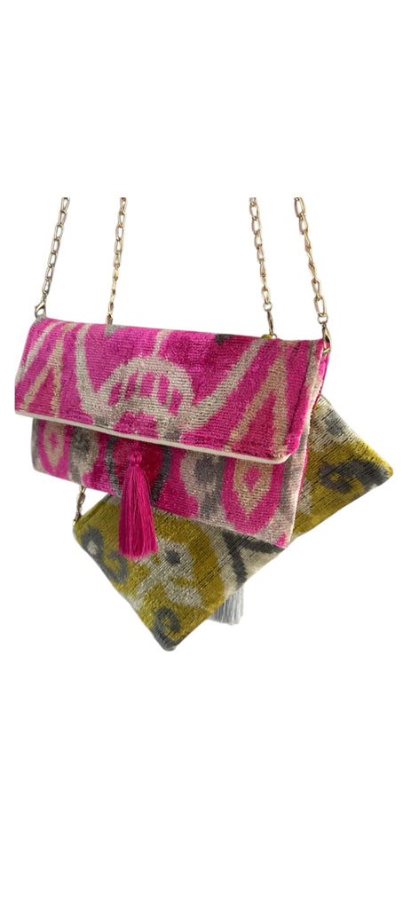 Pink Ikat velvet clutch bag