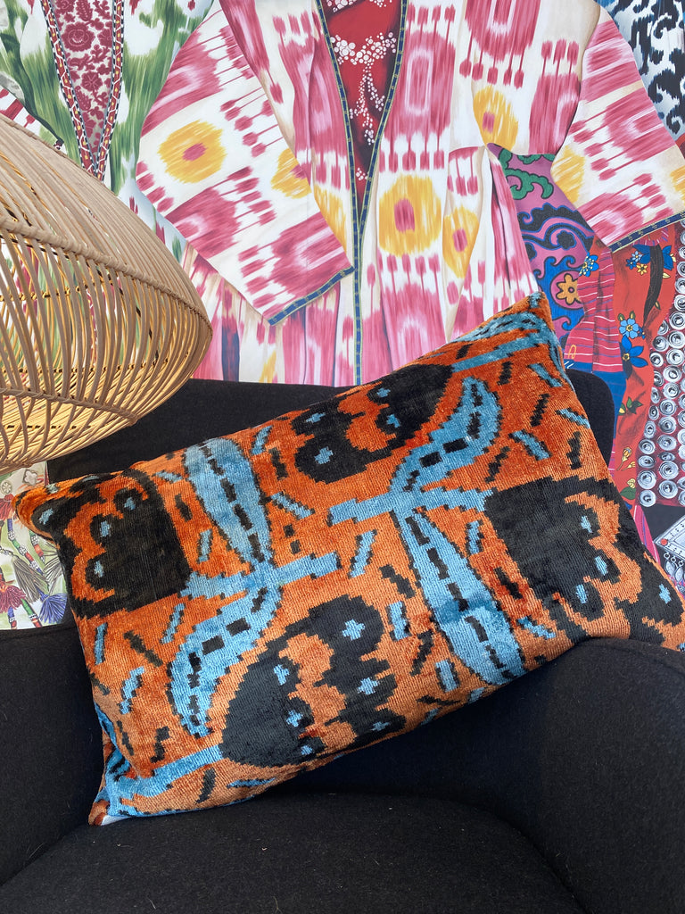 Orange & Blue  Velvet Ikat Cushion