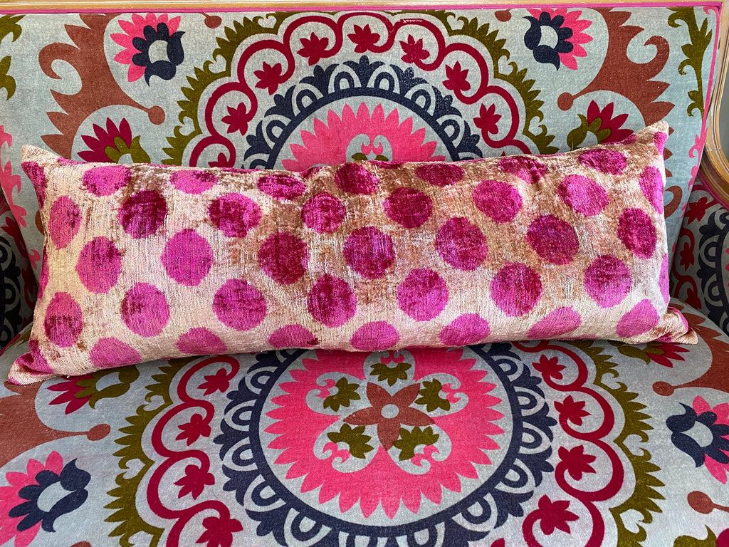XL pink spot velvet Ikat Cushion