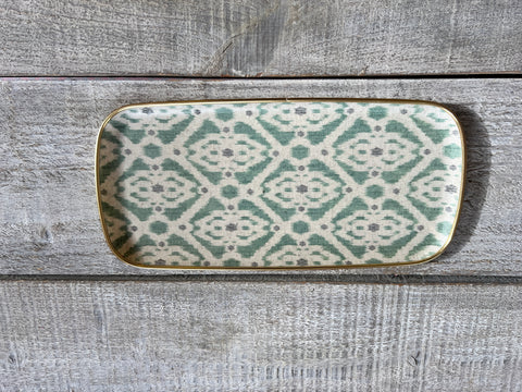 Soft green rectangular silk ikat fibreglass tray