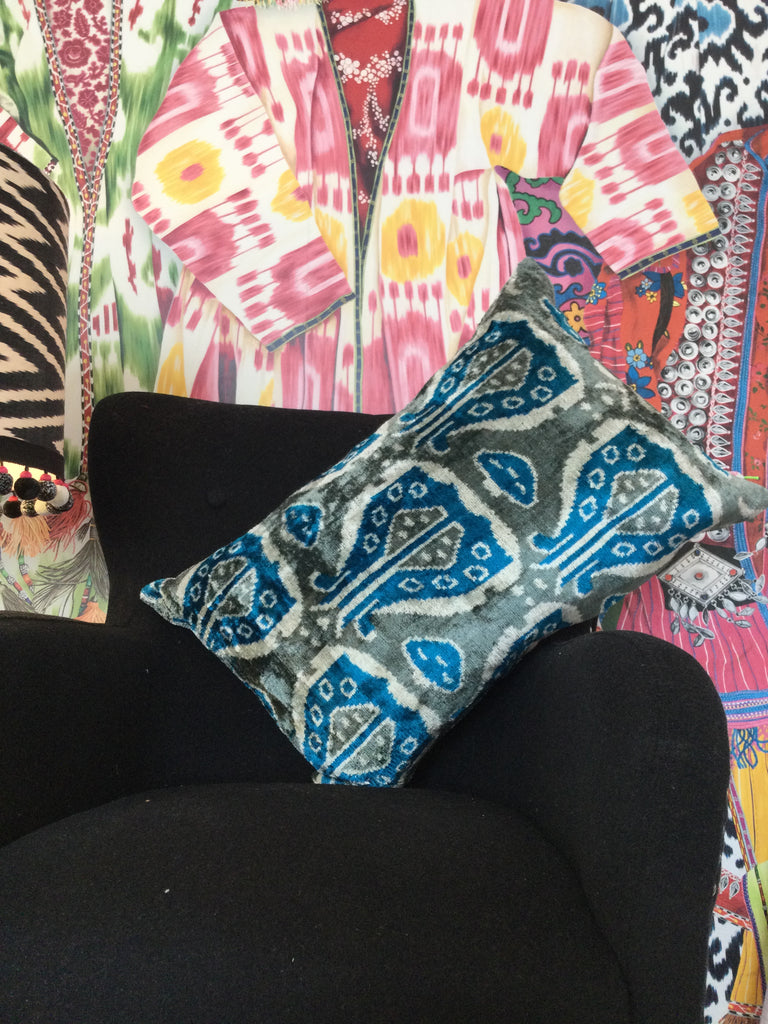 Grey and Blue Velvet ikat Cushion