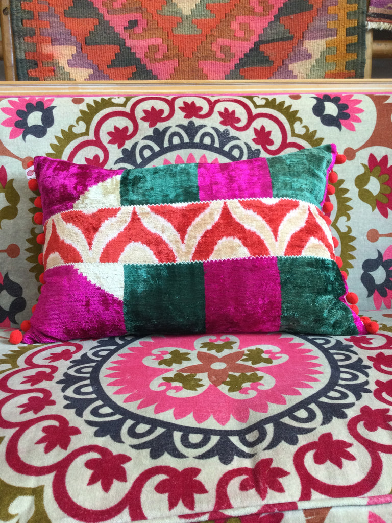 Pink and Green panelled Ikat velvet cushion