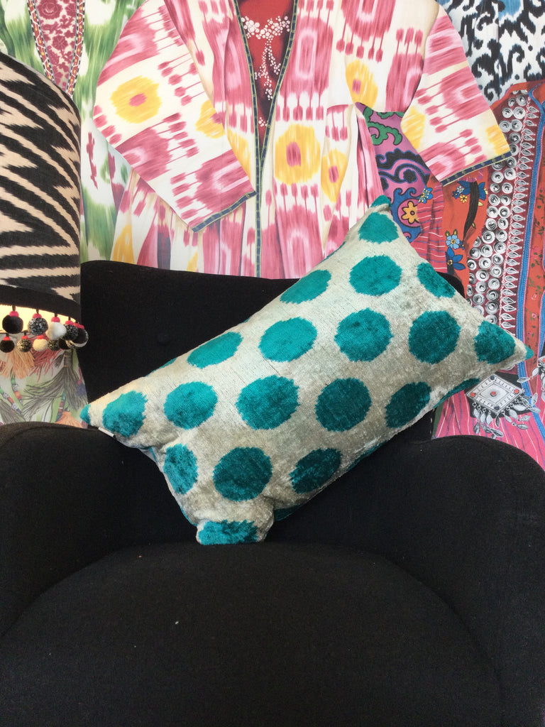Turquoise Polka dot Velvet ikat Cushion