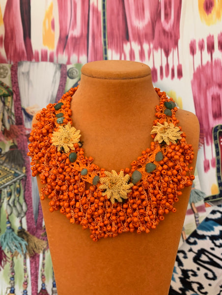 Orange Statement Crochet & Beaded Neckalce