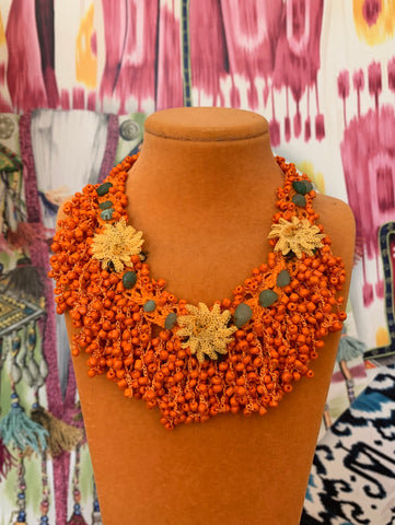 Orange Statement Crochet & Beaded Neckalce
