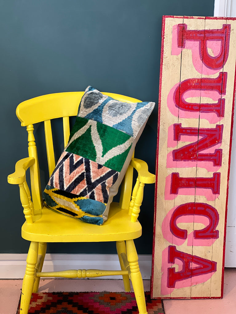 Multi Green and Blue Panelled Velvet Ikat Cushion